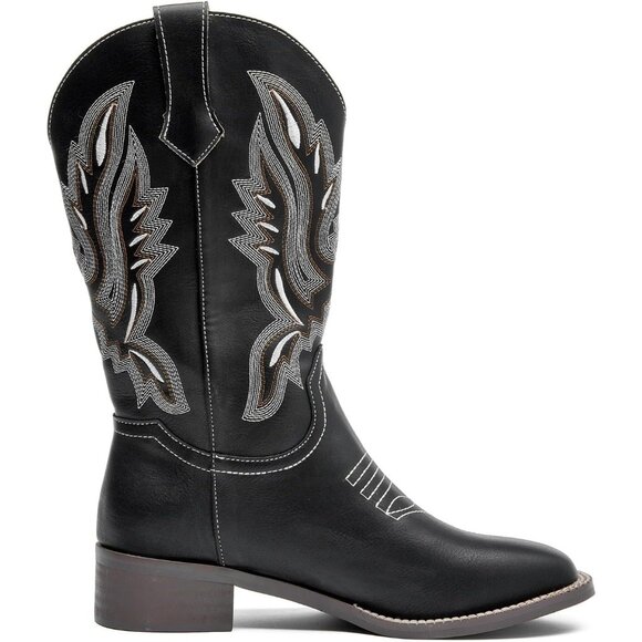 kkdom Women Black Cowboy Square Toe Western Cowgirl Mid Calf Boot - Picture 2 of 8